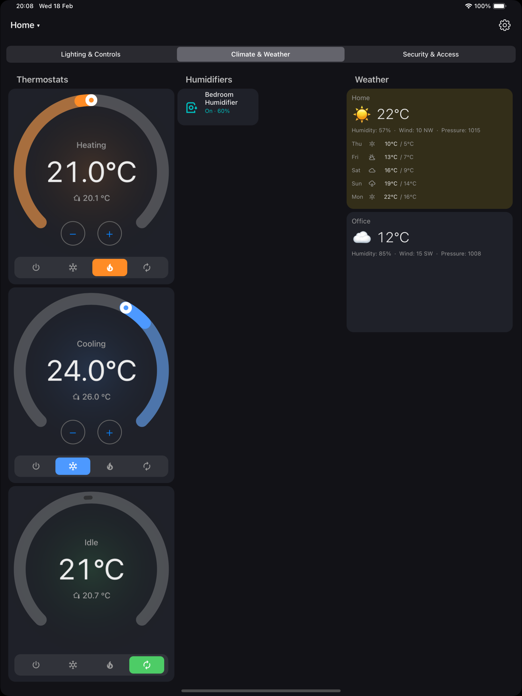 HA Dashboard on iPad - Dark mode with climate controls and weather