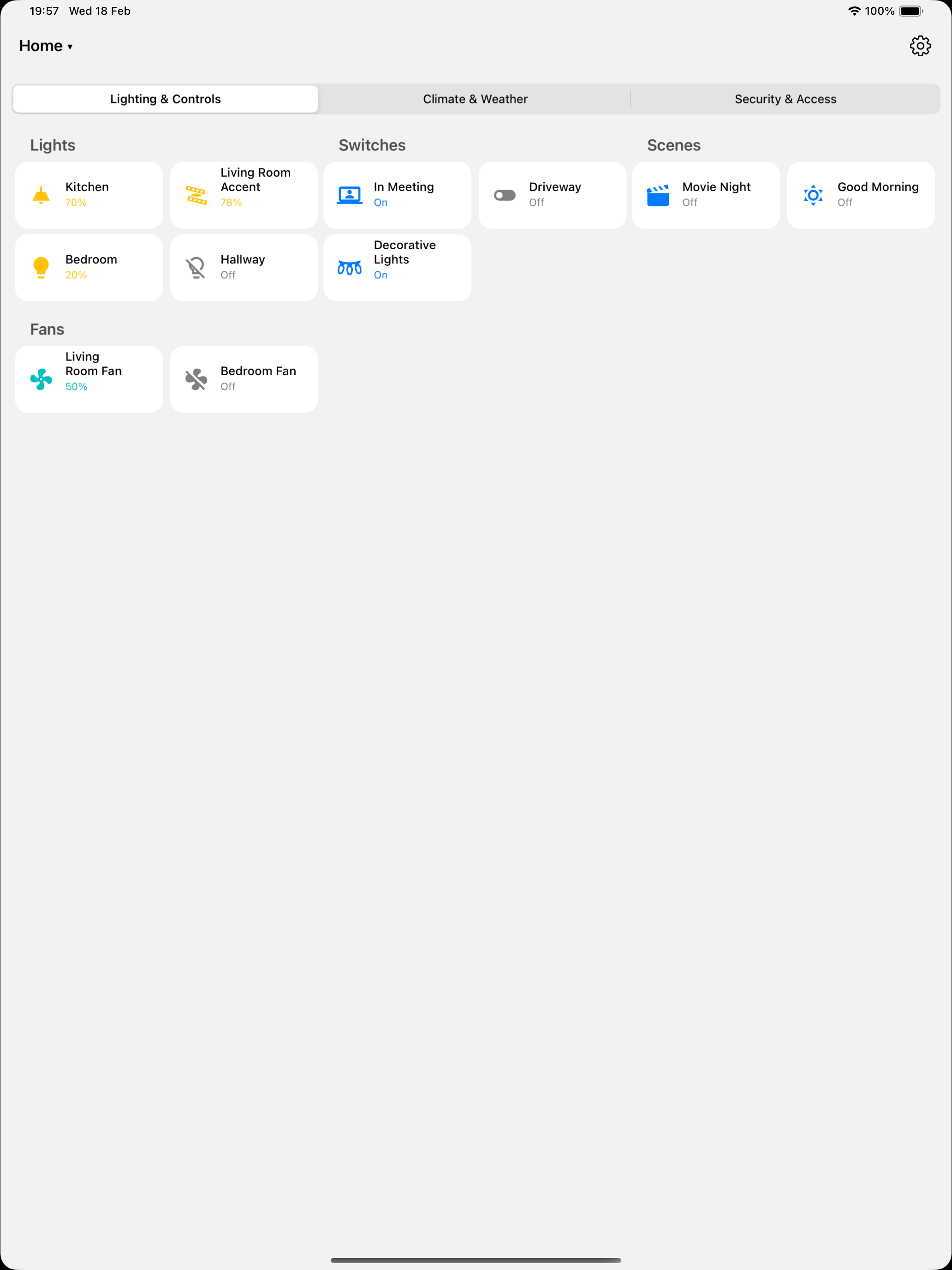 HA Dashboard on iPad - Light mode with lighting controls, switches, and scenes